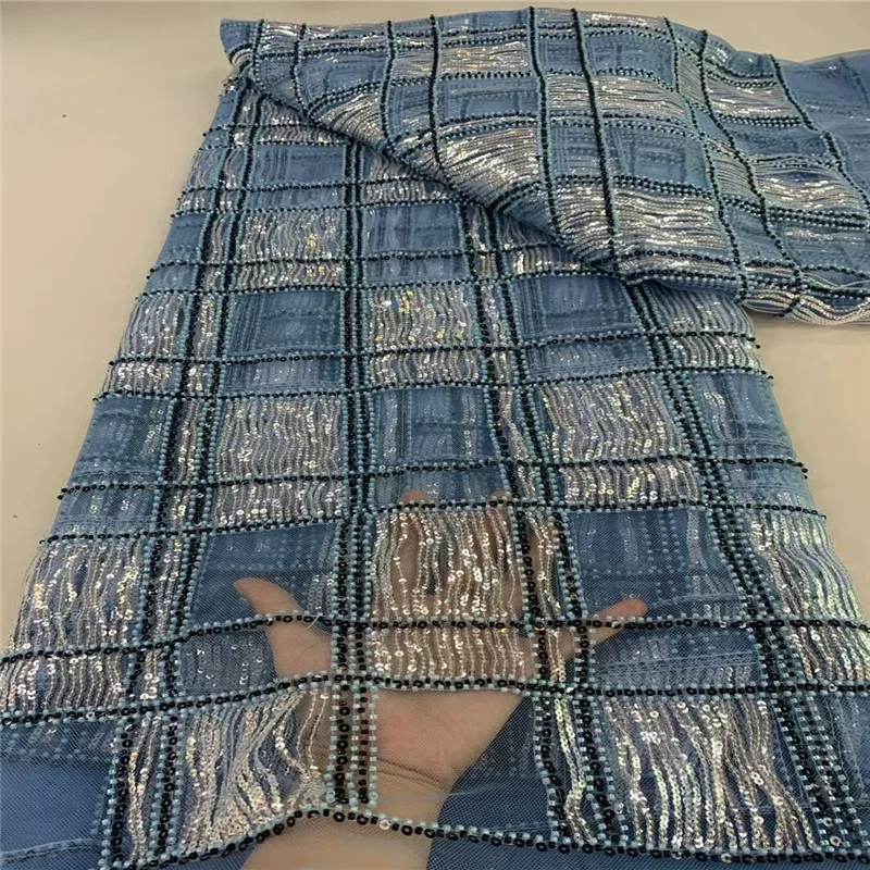 5yard Beaded sequin checkered embroidery telas,fashion mesh fabric,ceremonial dress Wedding dress fabric for clothing