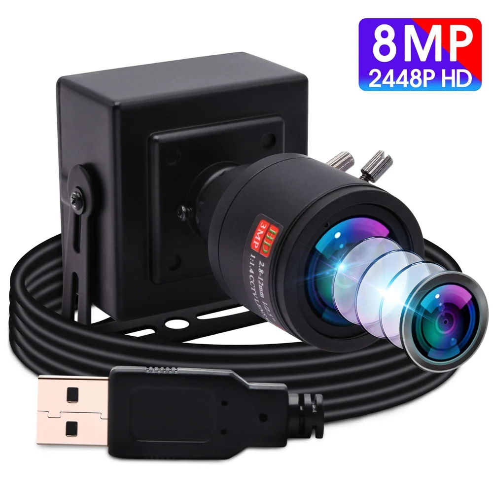 ELP USB Camera HD 8MP High Speed USB2.0 Webcam with Zoom Lens High Frame Rate 30fps USB Mini Camera for Window Linux Android Mac