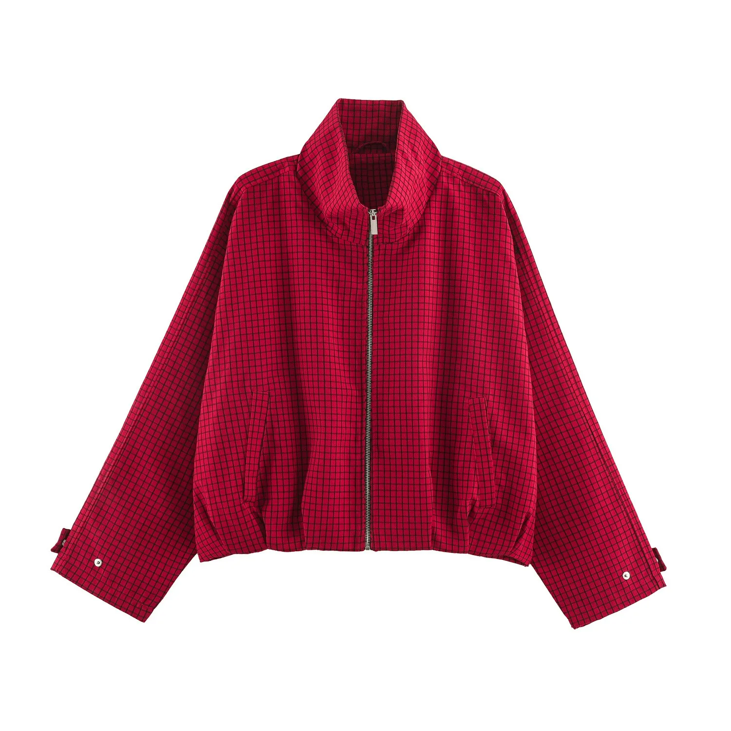 Damenmode Rote Karierte Bomberjacken für Frauen 2026 Neue Langarm-Reißverschlussjacke Damen Herbst Streetwear Freizeitmantel – Detail 2