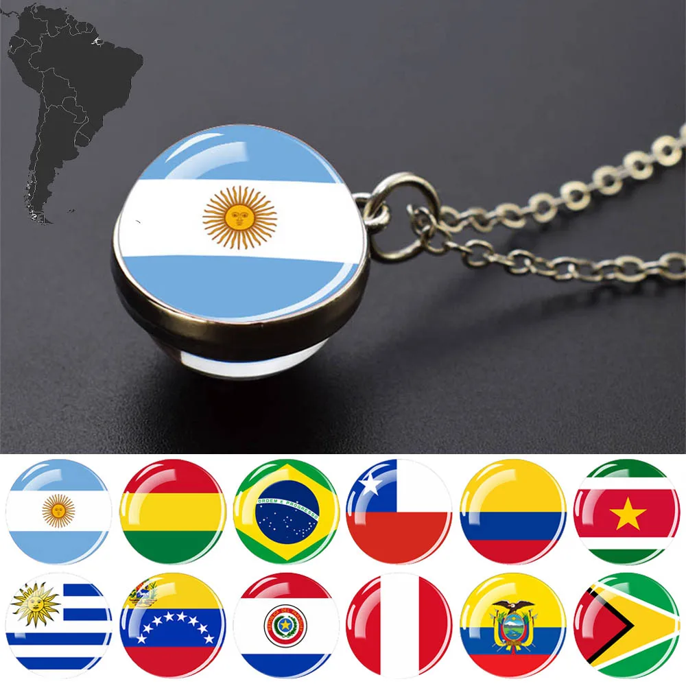 Flags Pendants South America Countries Flag Two-Sided Glass Ball Pendant Necklace Women Men Argentina Brazil Chile Jewelry Gift