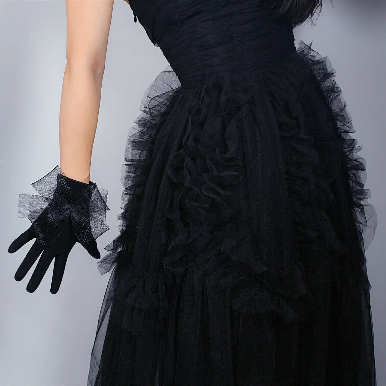 DooWay WOOL GLOVES w/ Extra Large Tulle Bows Black Lace Flower Knitting Dressing Fashion Celeb Style Nightclub Opera Glove