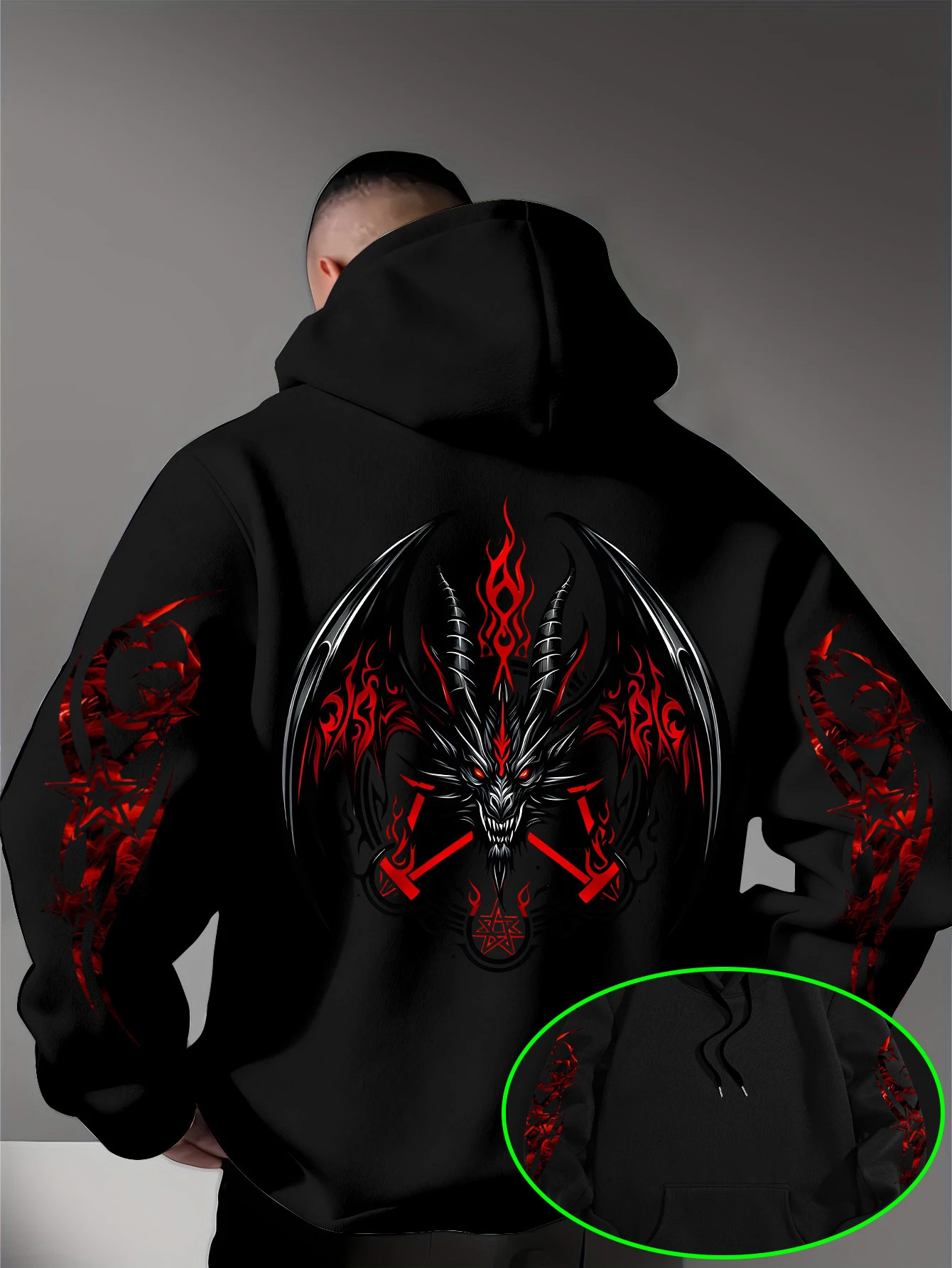 Men's Eye-Catching Outfit! Flame Dragon Head with Tension on The Back, Mysterious Symbol Fusion Print