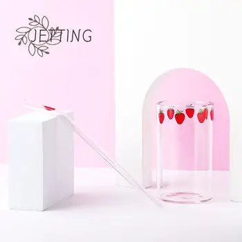 Ins-나나 딸기 내열성 커피 밀크 물컵 빨대 포함, 투명, 귀여운 주스, 스무디, 차가운 음료 빨대 컵 