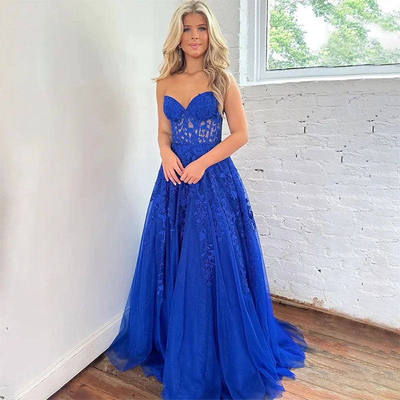 

BLUE Prom Dresses Strapless Illusion Lace Appliques Evening Gown Elegant Sweetheart Lace-up Back Vestido De Noche for Women