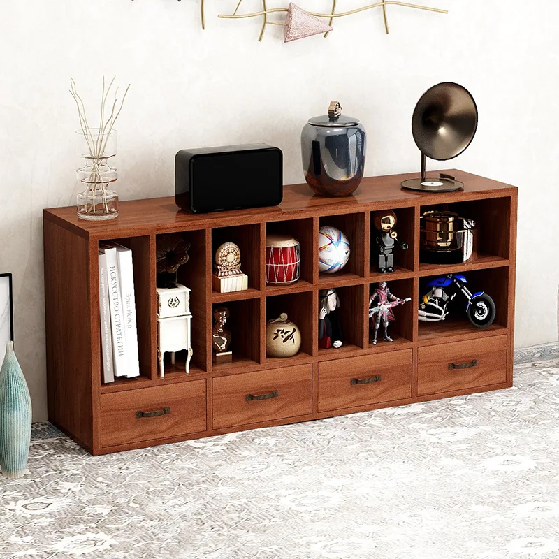 Solid Wood Display Shelf for Tea Set Curio Cabinet with Grids Organizer Cups Porcelain Decor Storage Rack Office File Cabinet