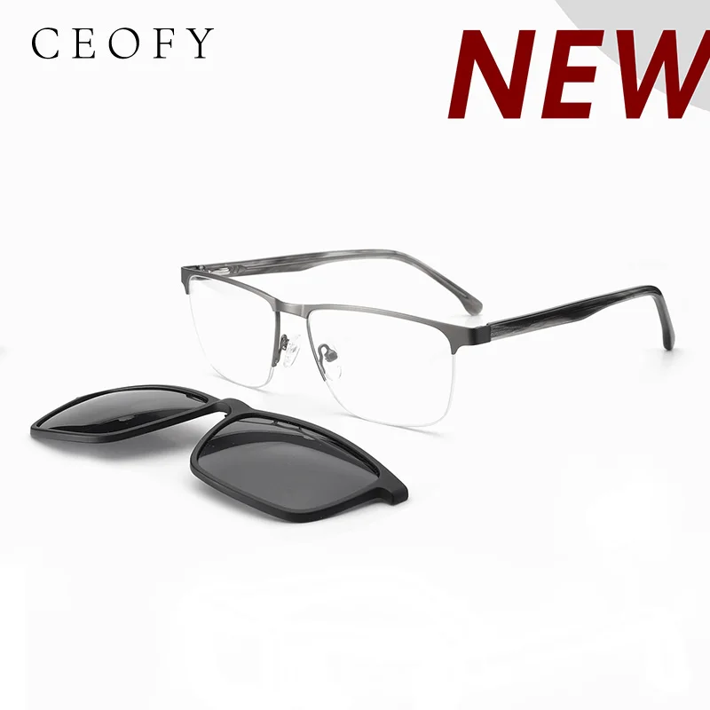 Ceofy Men Metal Half Rim Glasses Frame Sun Visor Magnet Clip On Brand Design Optical Eyeglasses Frame Big Face High Quality