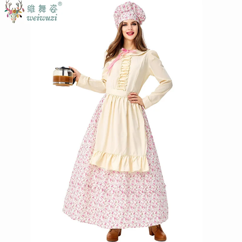 

Carnival Halloween Farm Maid Little House Costume Prairie Pioneer Pastry Chef Women Laura Role Play Cosplay Fancy Party Dress