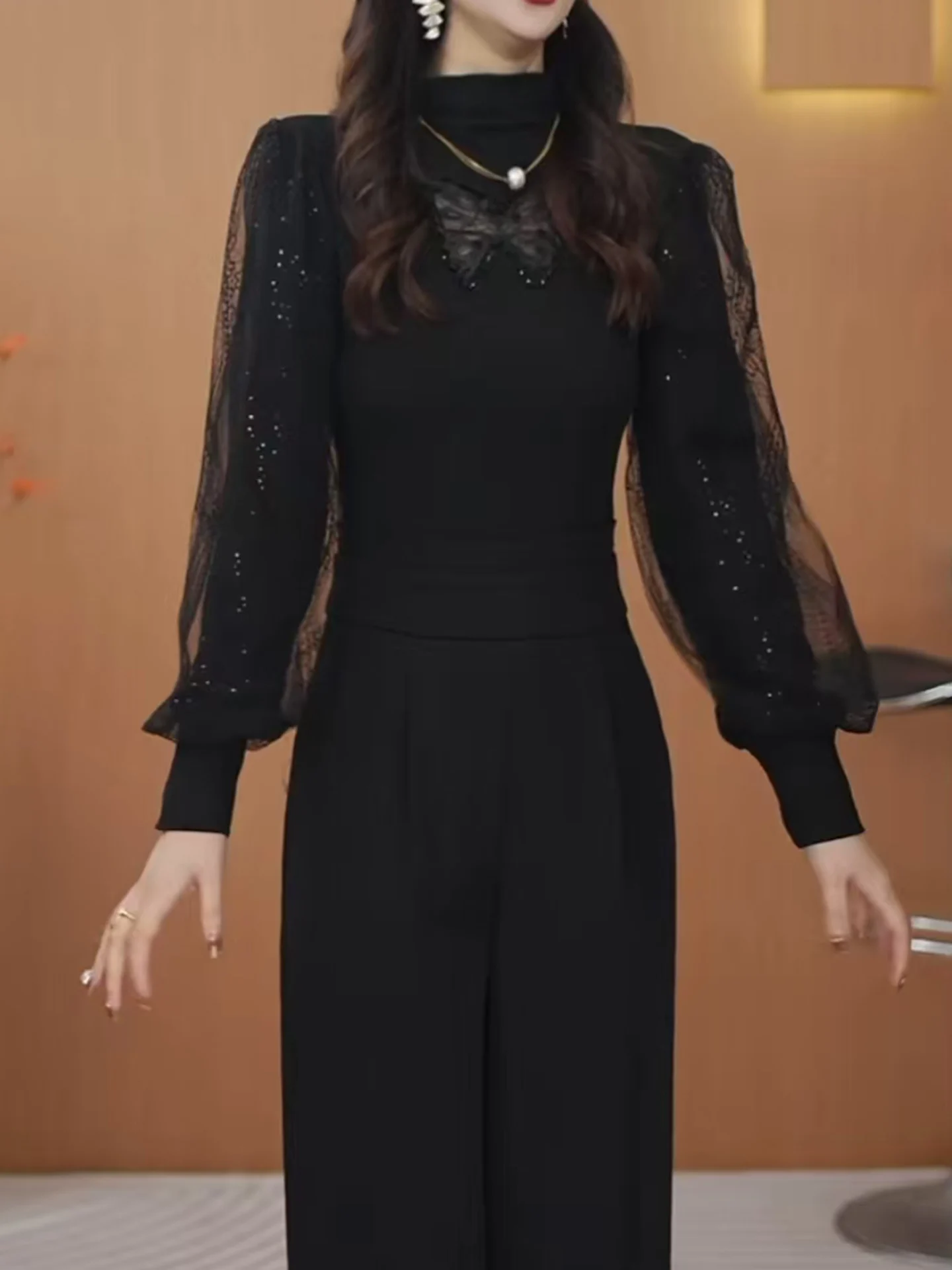 

Осенне-зимняя женская дизайнерская блузка с ажурным кружевом, рукавами-фонариками, высоким воротником, тонкая, из начесанной ткани, в корейском стиле