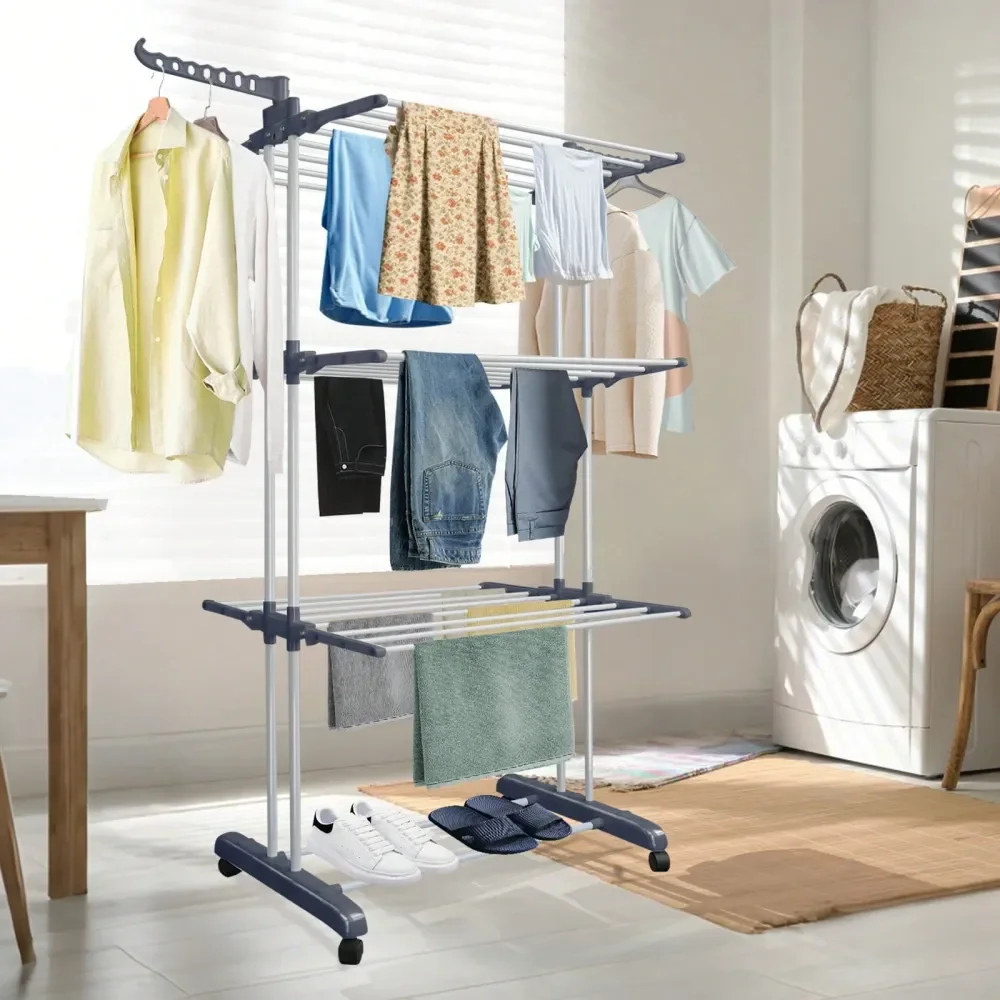 

Drying Rack Stand 4Tier, Foldable Laundry Drying Rack 67.7Inch Tall, Steel, Rolling Clothes Horses Dryer Rack, Easy To Assemble,