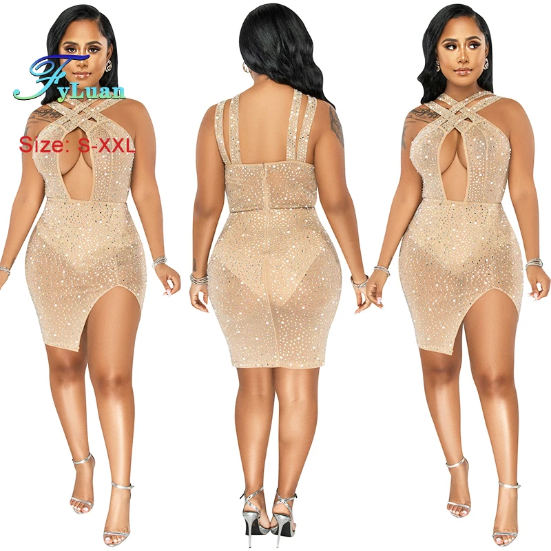 Splendido abito da festa corto da donna in rete trasparente scintillante estiva Temperamento sexy Sottile e sottile Cut-Out Crystal Party Night Clubwear