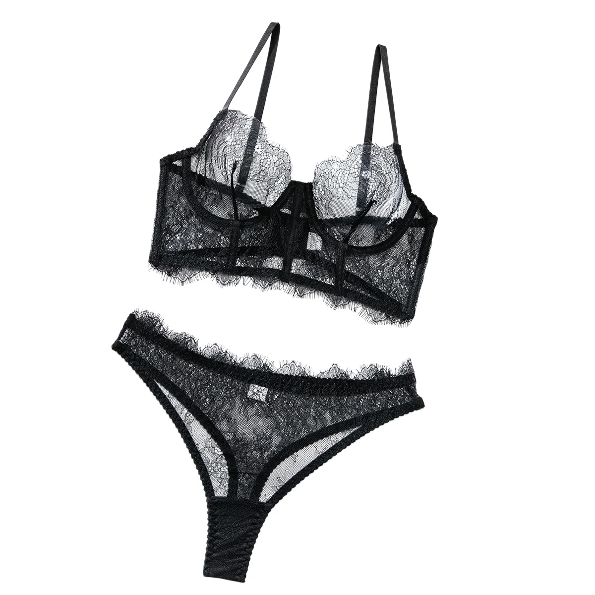 Elegant Eyelashes Lace Lingerie Set 2 PCS Sheer Corset Bra with Fishbone Design High-Cut Briefs Sexy See-Through Women Underwear