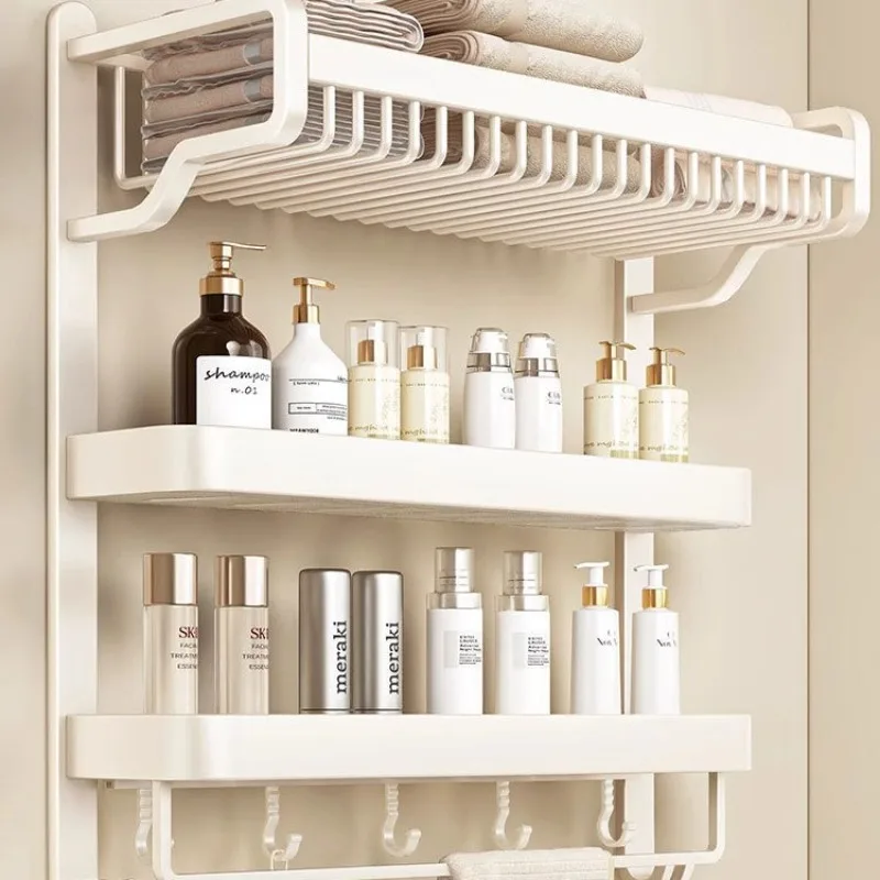 No Drill Cream Color Towel Rack, Over Door Rust-Proof Bathroom Storage Organizer &Ventilated Wall Mounted Drying Rack for Shower