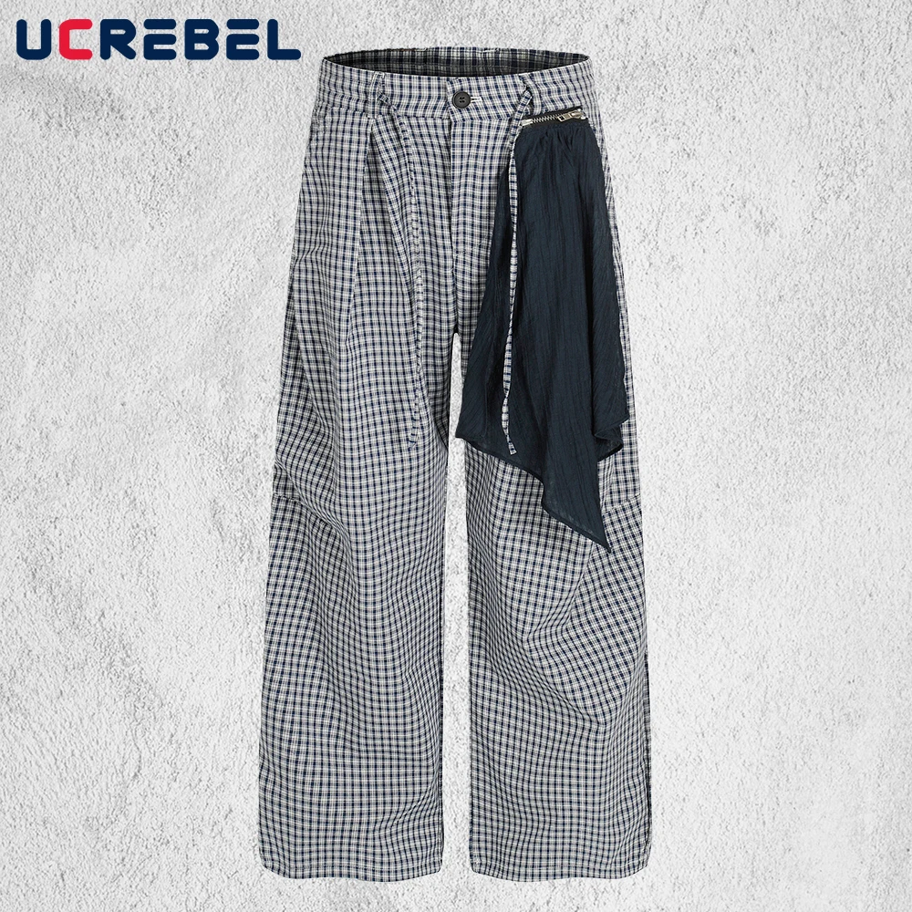 Plaid Casual Pants Mens Hip Hop Streetwear Straight Baggy Drawstring Elastic Waist Wide Leg Trousers Man