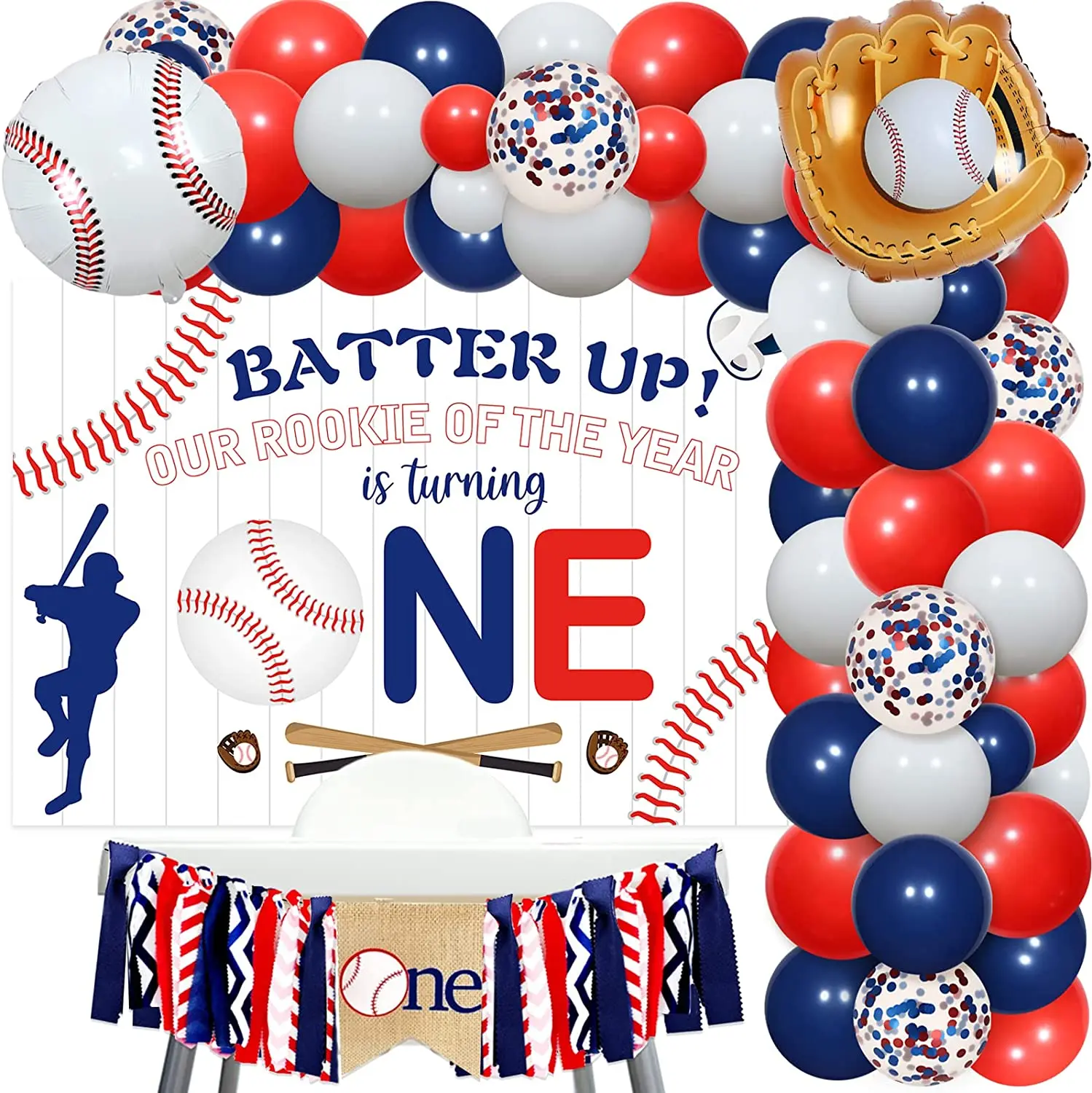 

Funmemoir Boy Baseball 1st Birthday Decorations Baseball Balloon Garland Arch with Batter Up Our Rookie Is Turning One Backdrop