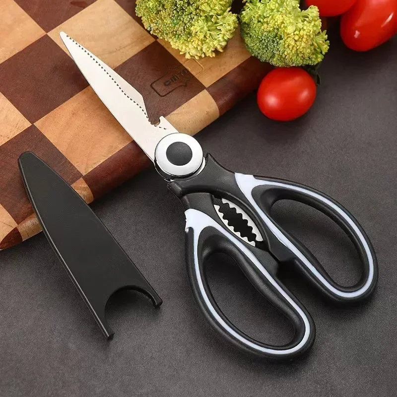 Stainless Steel Kitchen Scissors Multifunctional Household Chicken Bone Scissors With Lid Can Be Opened To Clip Walnuts