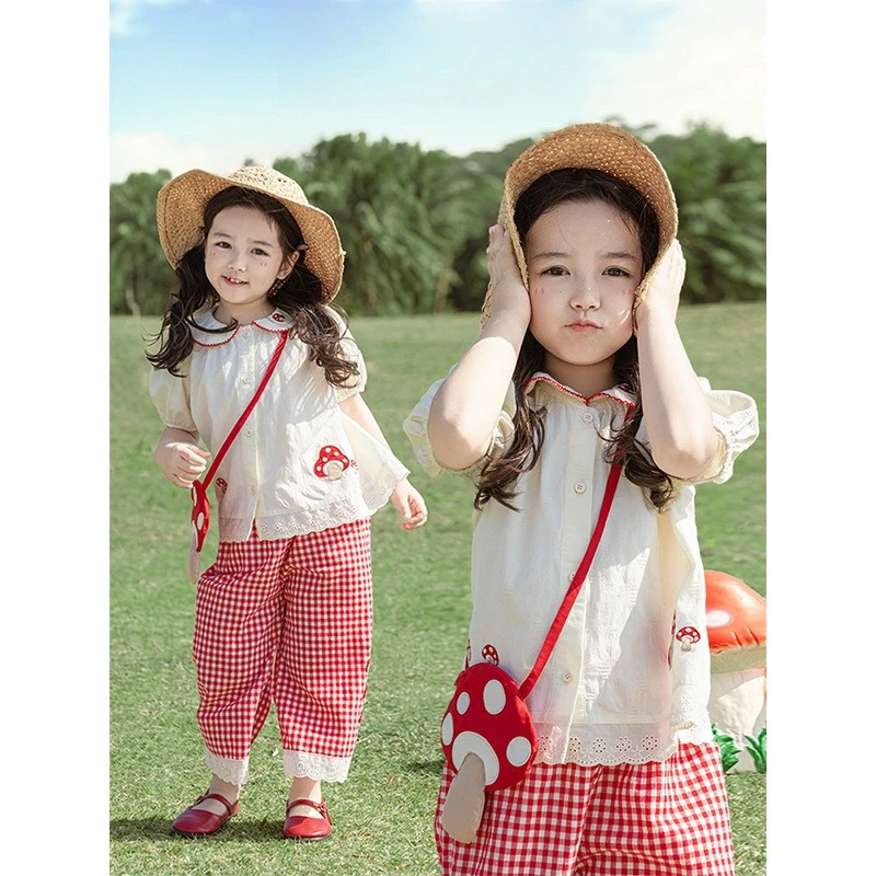 

Girls' Pastoral Set 2025 Summer New Children's Contrasting Curved Horseshoe Collar Shirt Loose Casual Straight Pants