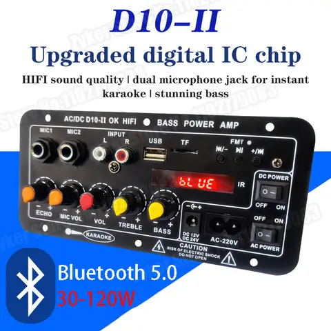 D10-II 차량용 블루투스 앰프 보드, AUX TF 카드, USB 30-120W, 4 Ohm 40W 스피커용, EU 서브우퍼 오디오 앰프 모듈, 220V, 12V, 24V