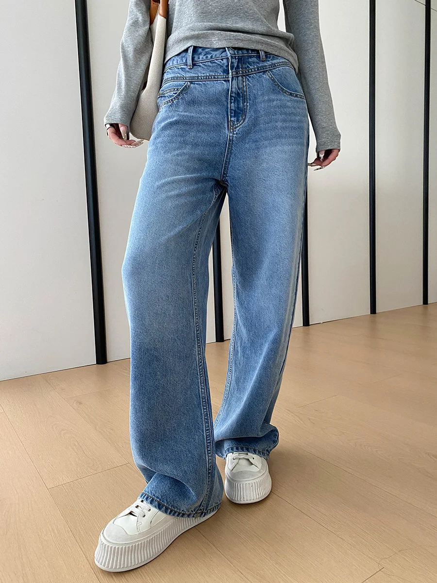 

Spring women's solid color high waist slimming casual straight leg wide leg jeans