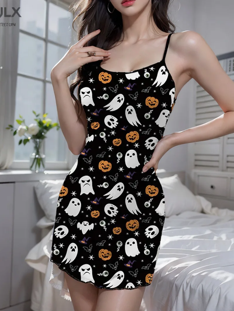 2024 New Spicy Girl Printed Suspender Dress Halloween Printed Nightgown Mischievous And Mischief Dress Sweet Women BH7H GEDI