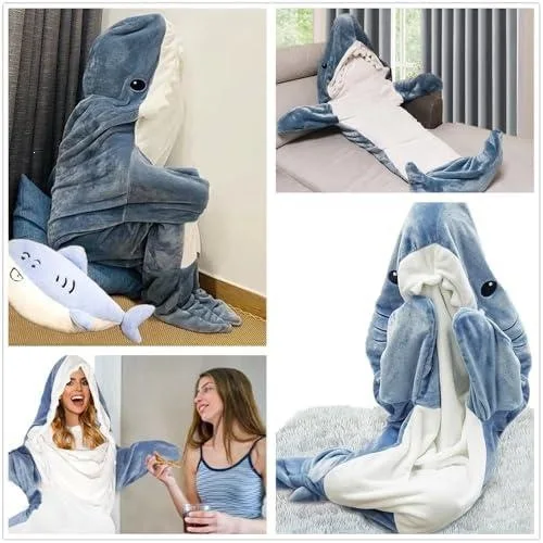 Cute Shark Blanket Plaid Sleeping Bag Cartoon Women Pajamas Nightrobe Shark Blanket Gown Adult Homewear Nightgown Comfy Bathrobe