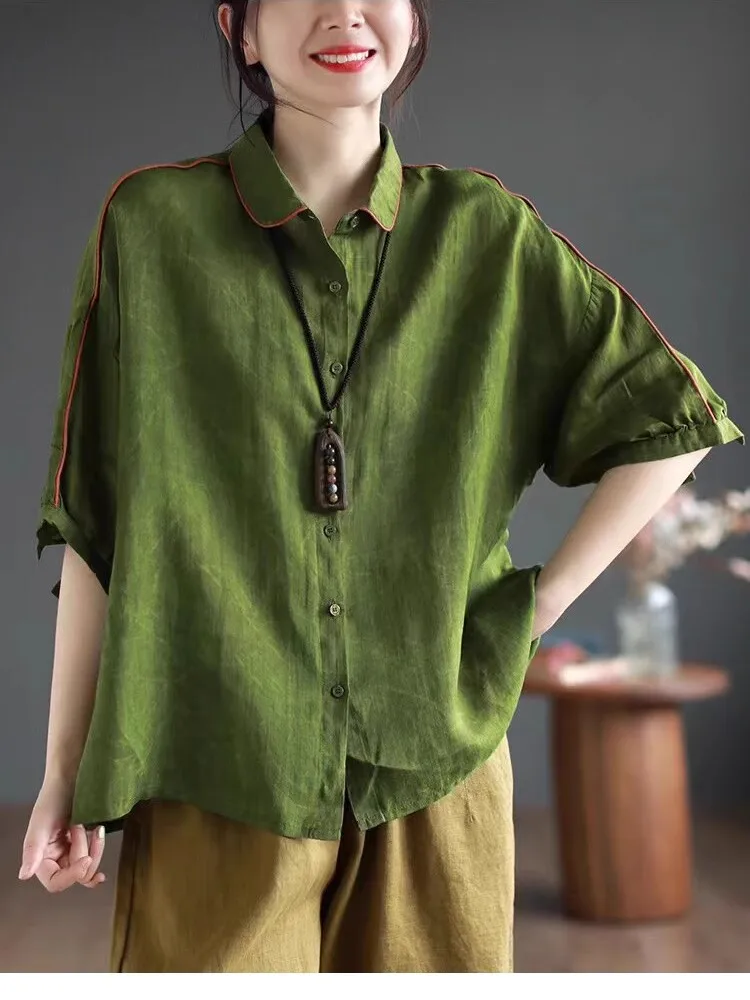 

Artistic Flannel irt Women's ort Sve Turn-down Collar Loose Fit Button Detail Pure Color Commute Sle Summer New Arri...