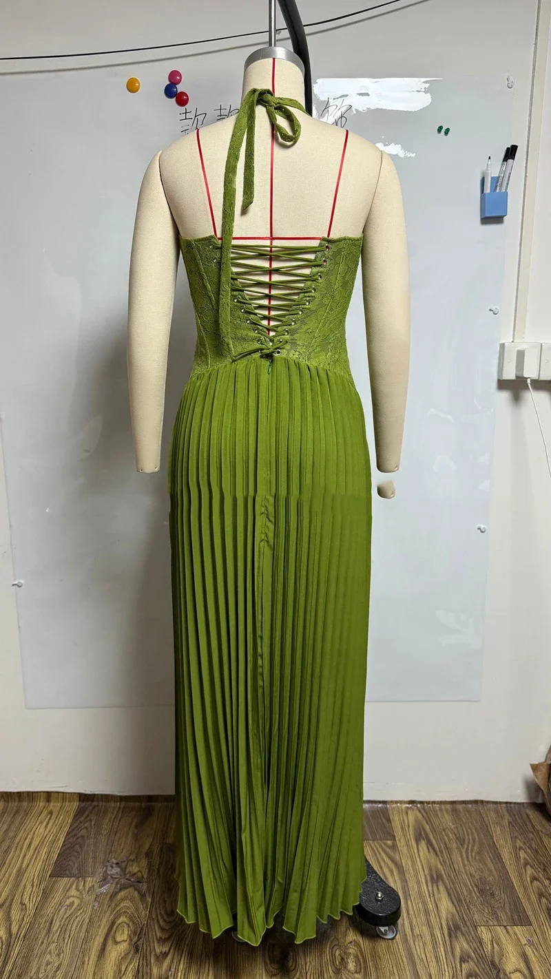 Women Backless Off Shoulder Pleated Patchwork Slim Dresses Green Fishbone Corset Halter Maxi Dress Lady Christmas Party Gown New
