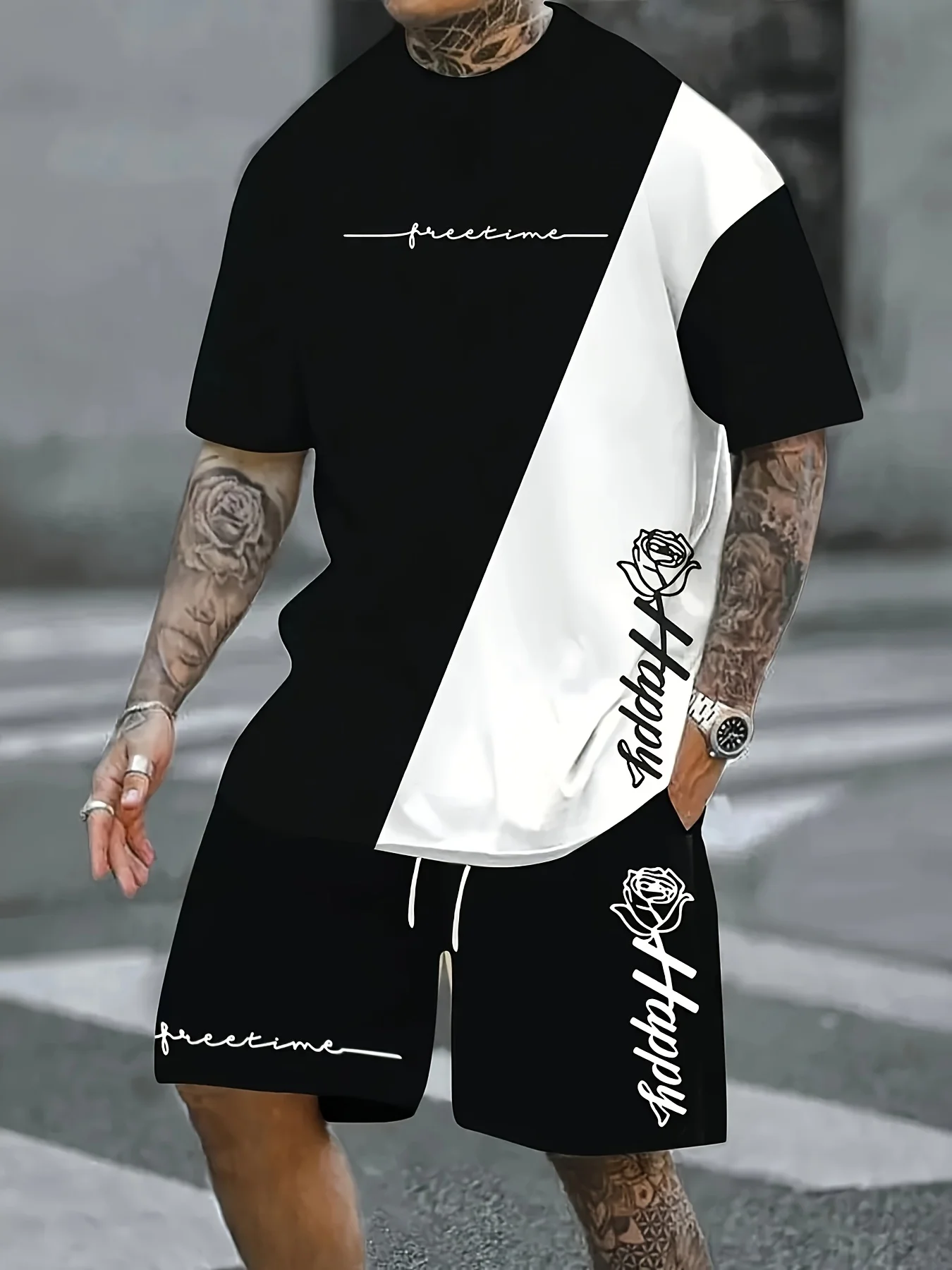 

Men's geometric pattern summer two-piece set including short-sleeved crew neck T-shirt and elastic waist shorts with pockets