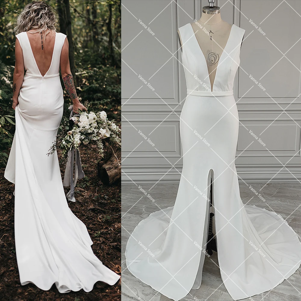 Vestidos de casamento sem mangas com decote em v, personalizado, crepe macio, fenda frontal, simples, branco, cabido, costas abertas, vestidos de noiva longos