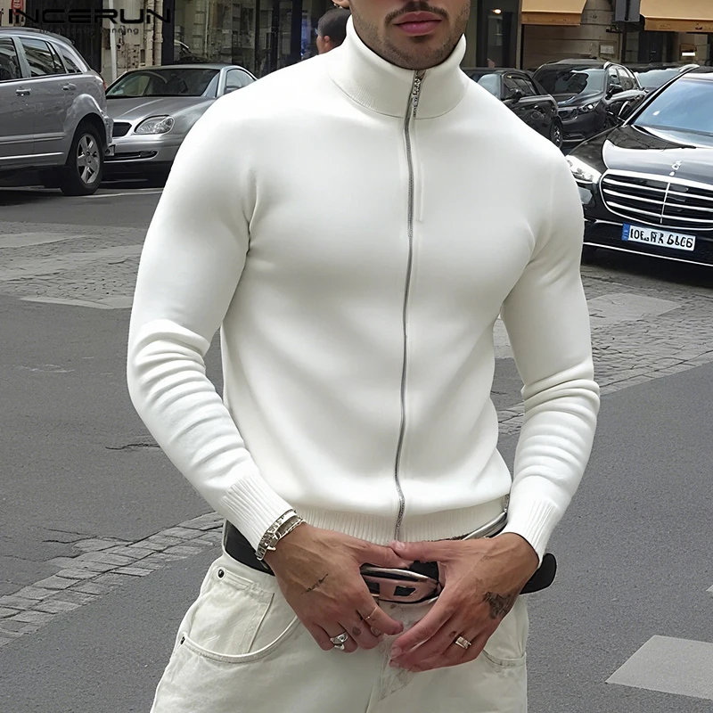 INCERUN Men Sweatshirts Solid Color Stand Collar Long Sleeve Zipper Male Cardigan Streetwear Autumn 2025 Fashion Casual Hoodies