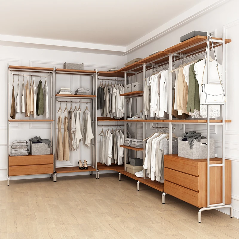 Open wardrobe Nordic wrought iron walk-in hanger floor-to-ceiling bedroom