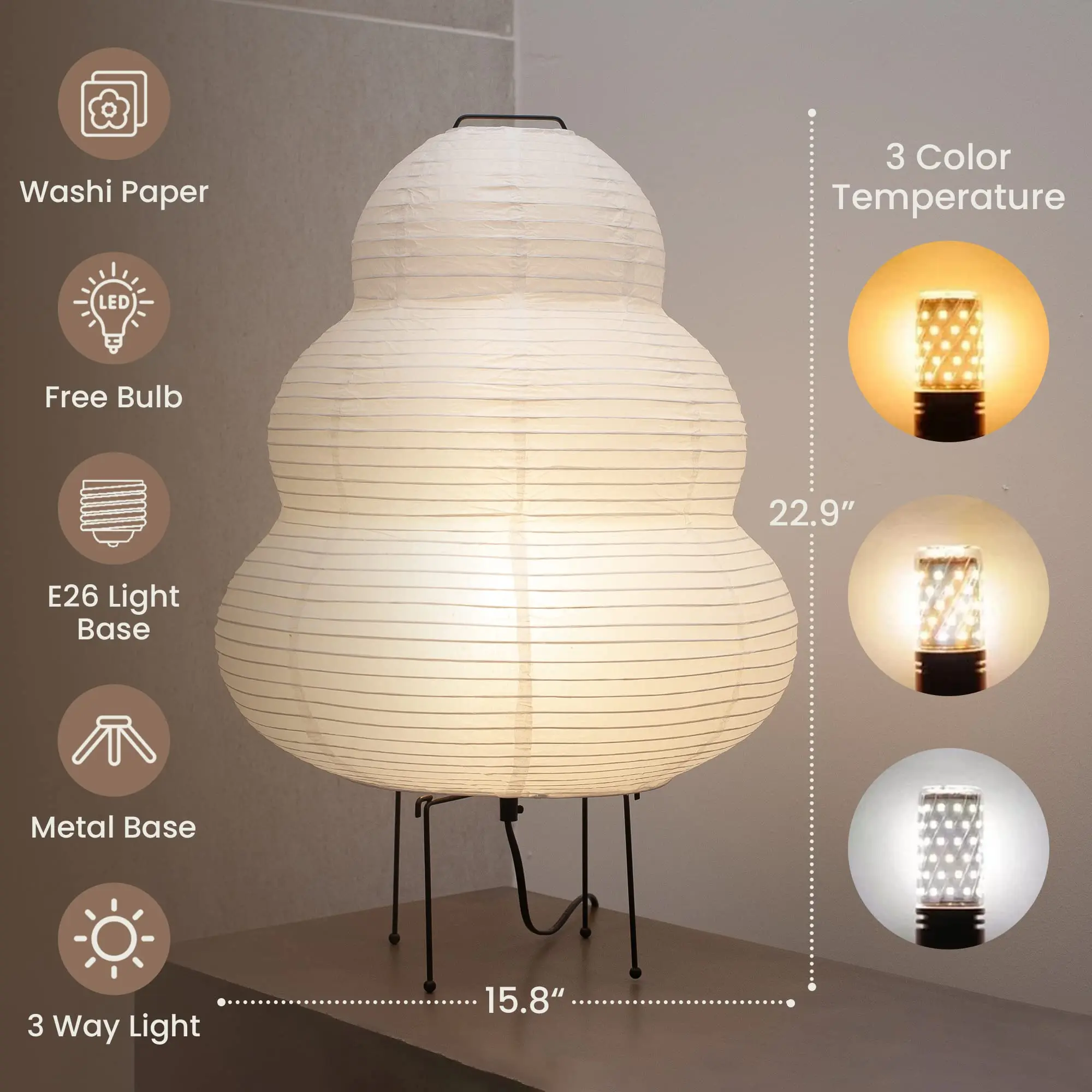 Japanese Rice Paper Lamp Akari Wabi-sabi Yong Table Lamp Noguchi Design Bedside Lamp 3 Colour Dimmable Eye-Protection Desk Light