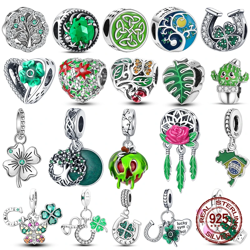 925 فضة Charm Charm ، سلسلة خضراء ، أربع أوراق البرسيم ، محظوظ فراشة قلادة ، يناسب الأصلي باندورا سوار ، DIY بها بنفسك مجوهرات