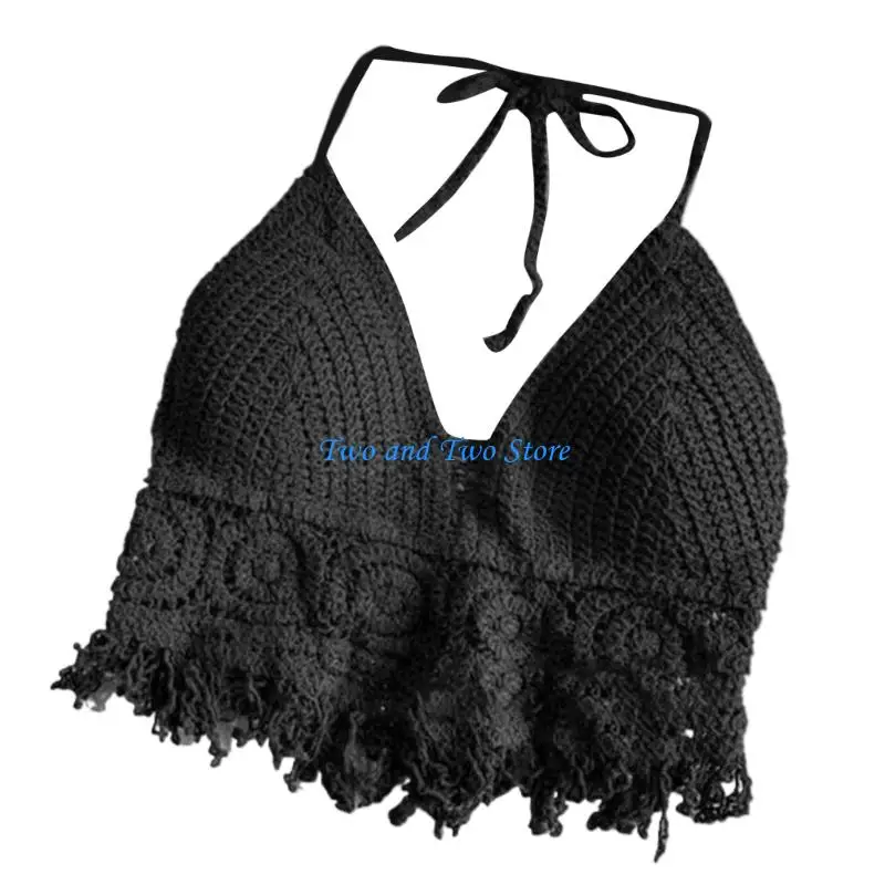 HX6F Womens Hollow Out Crochet Knit Halterneck Backless Camisole Vests Sequins Tassels Beach Vacation Bra Crop Top