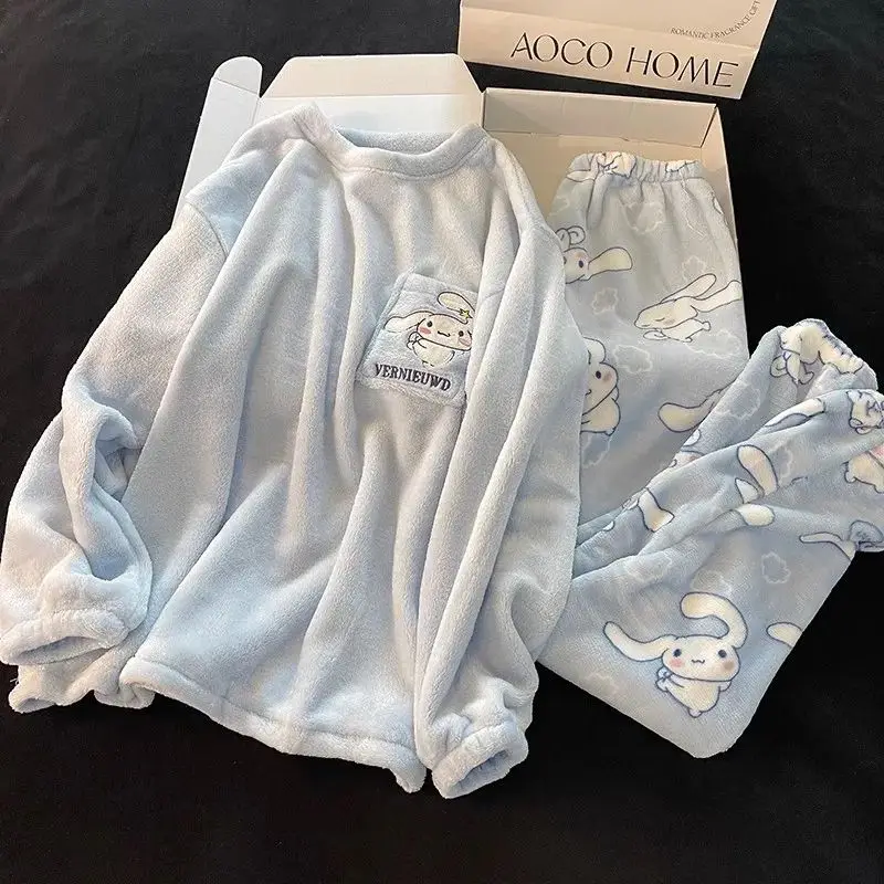 New Sanrio Cinnamoroll Kawaii Cartoon Pajama Sets Winter Warm Thickened Woman Clothes Plush Homewear Cute Sleepwear Loungewear