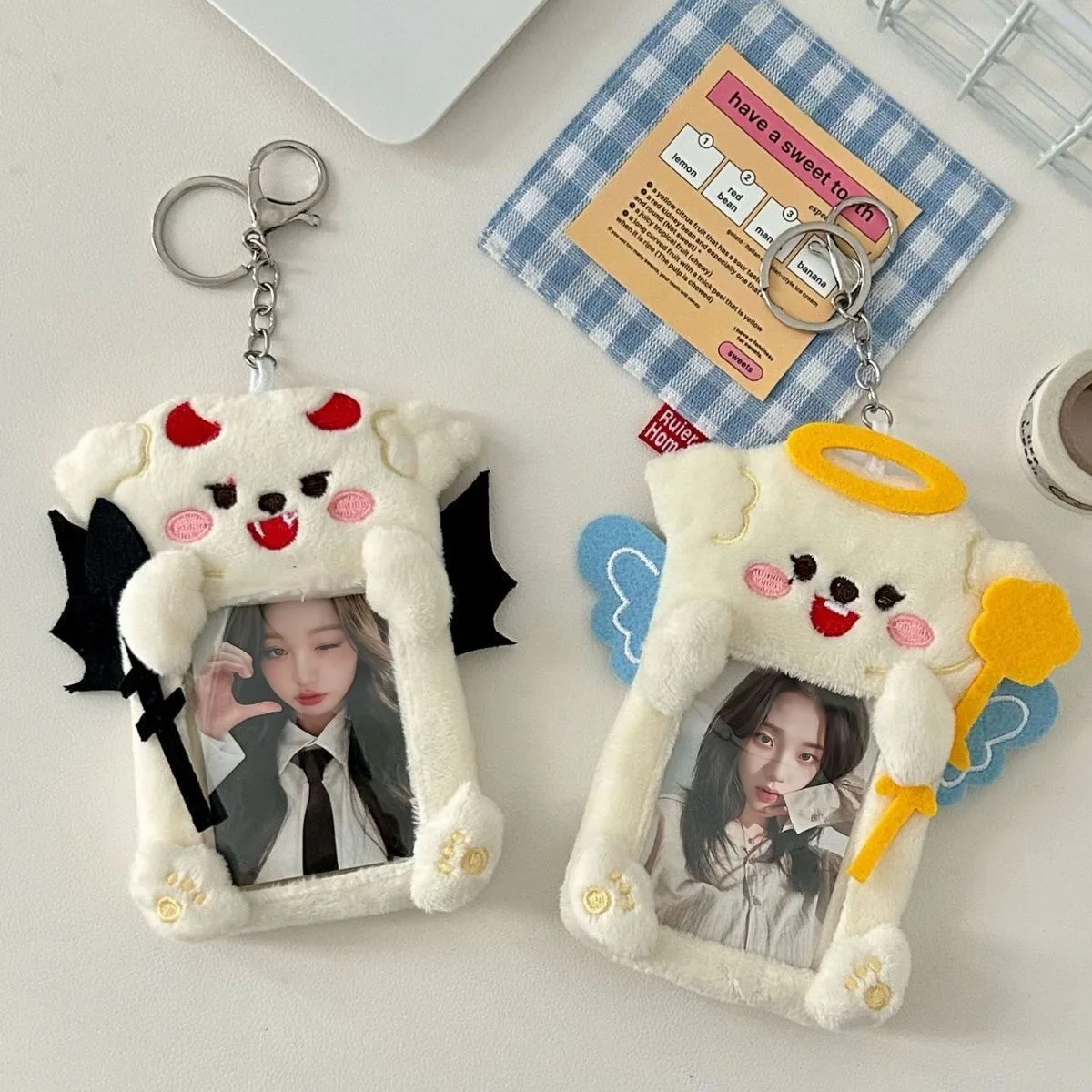 Plush Card Holder Cute Angel Devil Polaroid Idol Photocard School ID Protector Pendant Couple Style