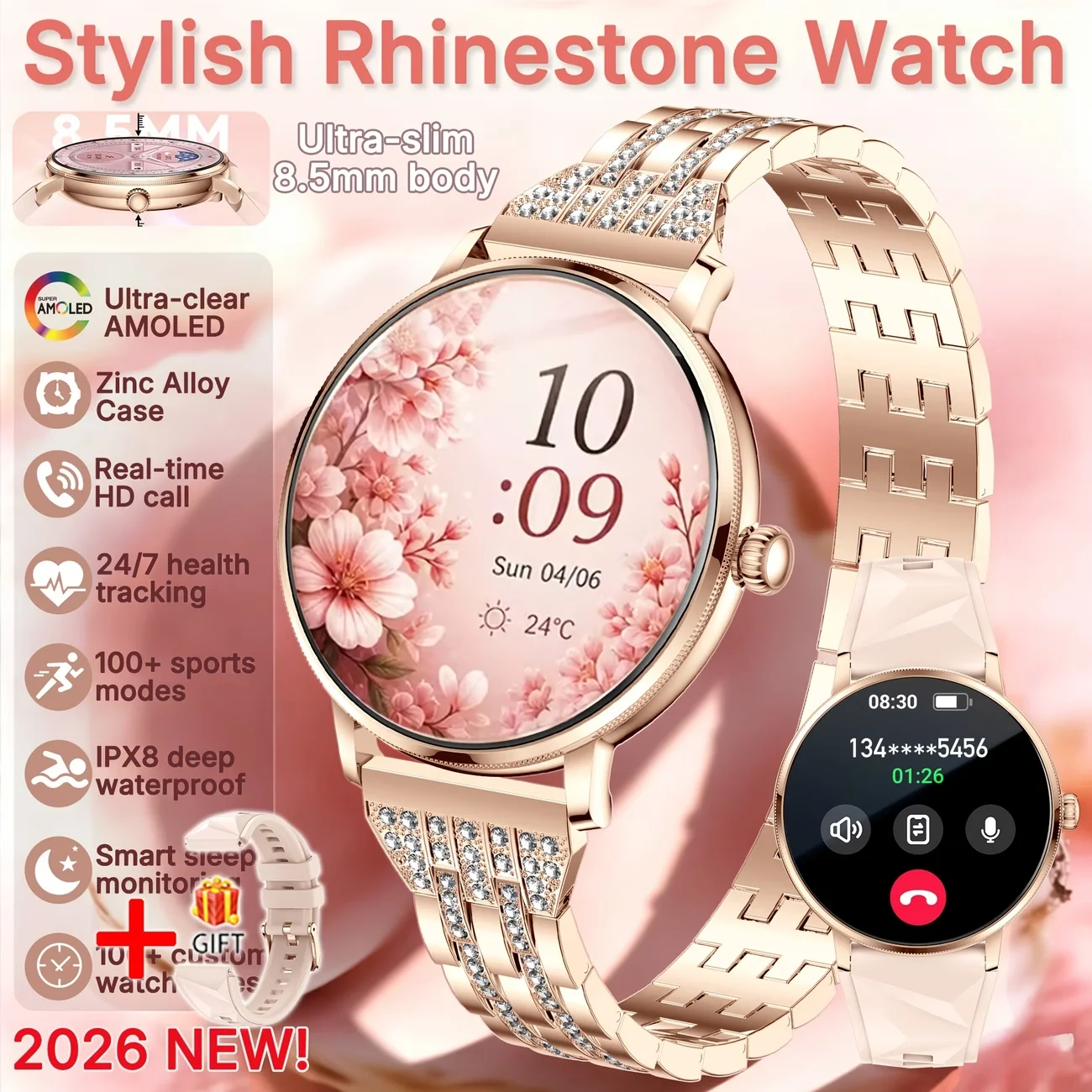 2026 New Fashion Women Diamond Watch 1.32 inch 360*360 HD Display Heart Rate Blood Oxygen Monitoring Bluetooth Call Smartwatch