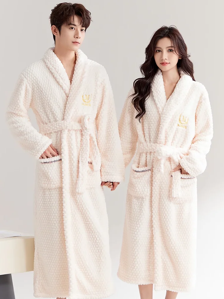 Thickened Flannel Sleepwear Robe for Men And Women Long Plush Coral Velvet Home Clothes Nightgown Couple Matching Pajamas