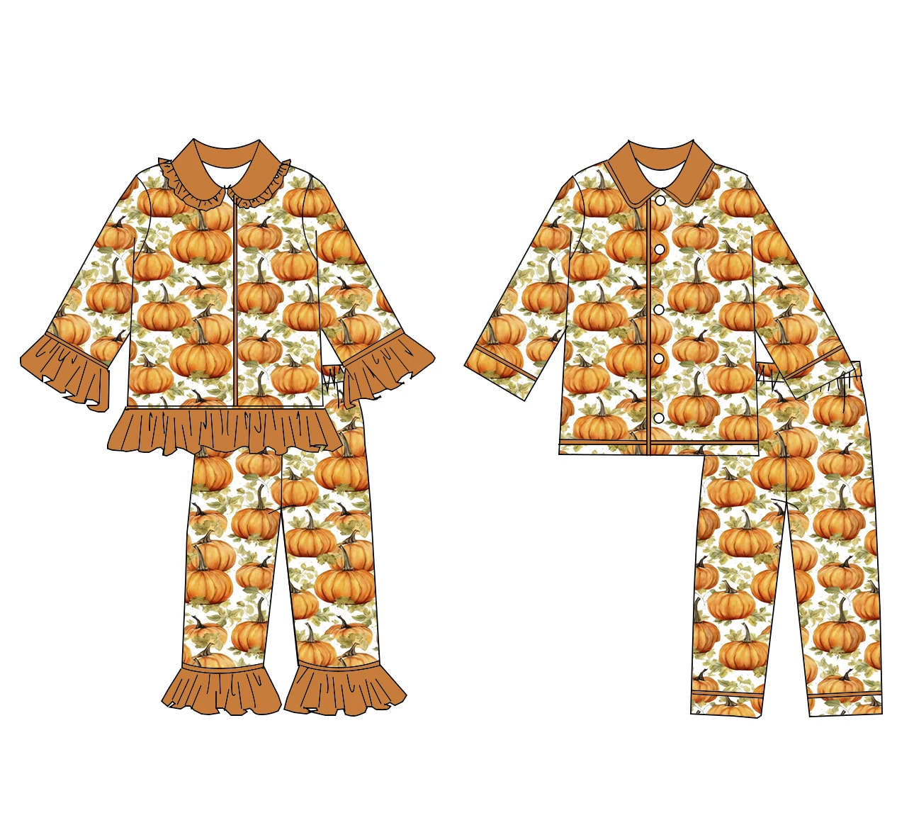 طقم بيجامة عيد الشكر للأطفال للأولاد والبنات طقم بيجامة بأكمام طويلة مطبوع عليه اليقطين حرير الحليب مطابقة بالجملة