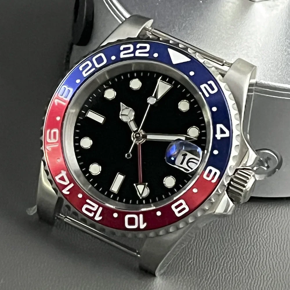 Stainless Steel Case, GMT Sapphire Automatic Mechanical Waterproof Watch For Men, 40MM, Black And Blue, Insert With Strap