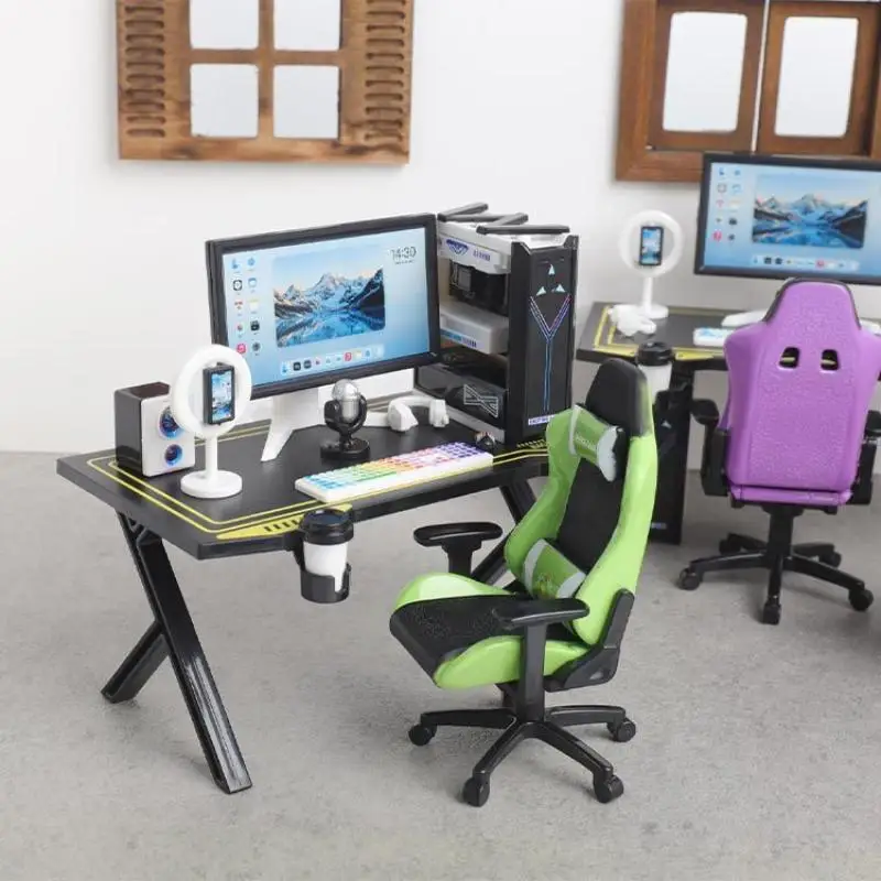 1/12 Dollhouse Tiny Gaming Desk Chair Set with Simulated Computer Monitor Host Model for Micro Landscape Craft Making view 3