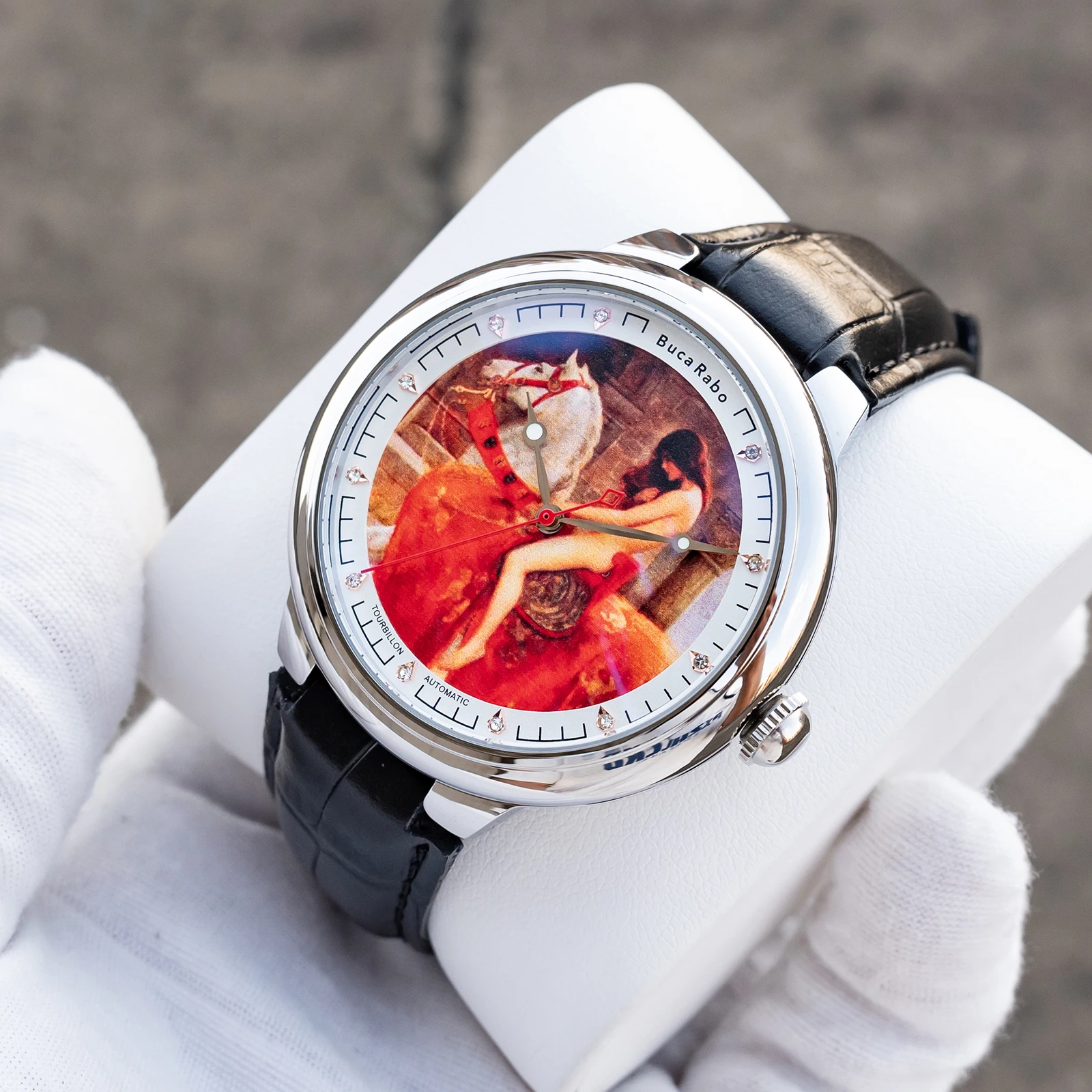 OBLVLO 45mm Designer Automatic Watch With Lady Pattern For Men Silver Case Black Leather Strap Mechanical Modern Wristwatch