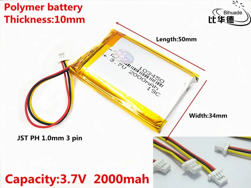 JST PH 1,0 mm 3 pines buena calidad 3,7 V, 2000 mAH 103450   Batería de polímero de iones de litio/Li-ion para tableta pc BANK, GPS, mp3, mp4