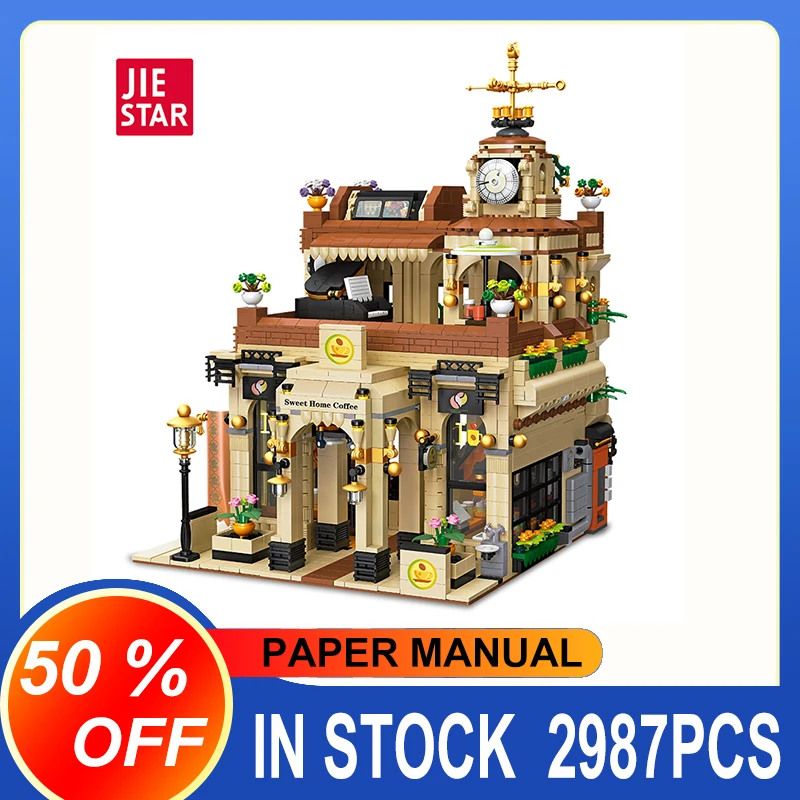 New JIESTAR 89120 MOC Retro Coffee House Shop Led Light Street View Building Blocks Bricks Puzzle Toys Christmas Gifts For Kids