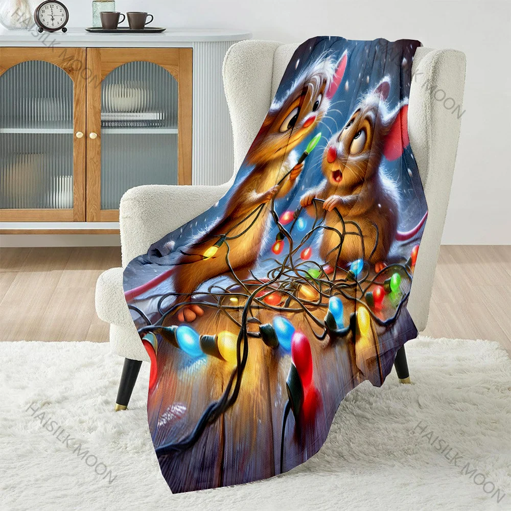 1PC Cute Mice with Tangled Lights Pattern Blanket Flannel Material Soft Warm for All Seasons, Home Outdoor Camping Picnics RV