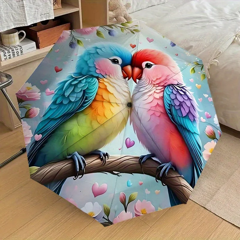 

1pc Lovebirds Romance Umbrella - Automatic Open/Close 3-Fold Compact Umbrella with Vibrant Parrot & Floral Design, Durable 8-R