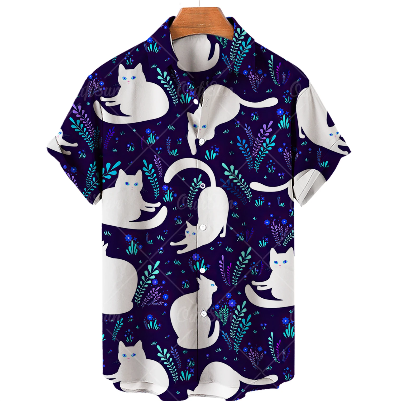 New Cute Cat Print Shirt Men Hawaiian Summer Casual Top Large Size Loose Simple Women Single Breasted Button 5xl