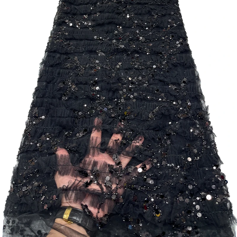 French luxurious lace mesh fabric, African high-quality double lace, beaded, branch and sequin embroidered lace fabric dress