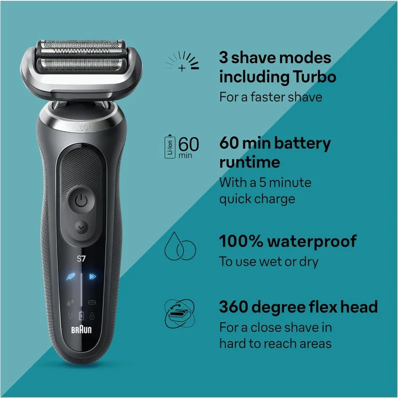 Braun Electric Shaver for Men, Series 7 7185cc, Wet & Dry Shave, Turbo & Gentle Shaving Modes, Waterproof Foil Shaver,Space Grey