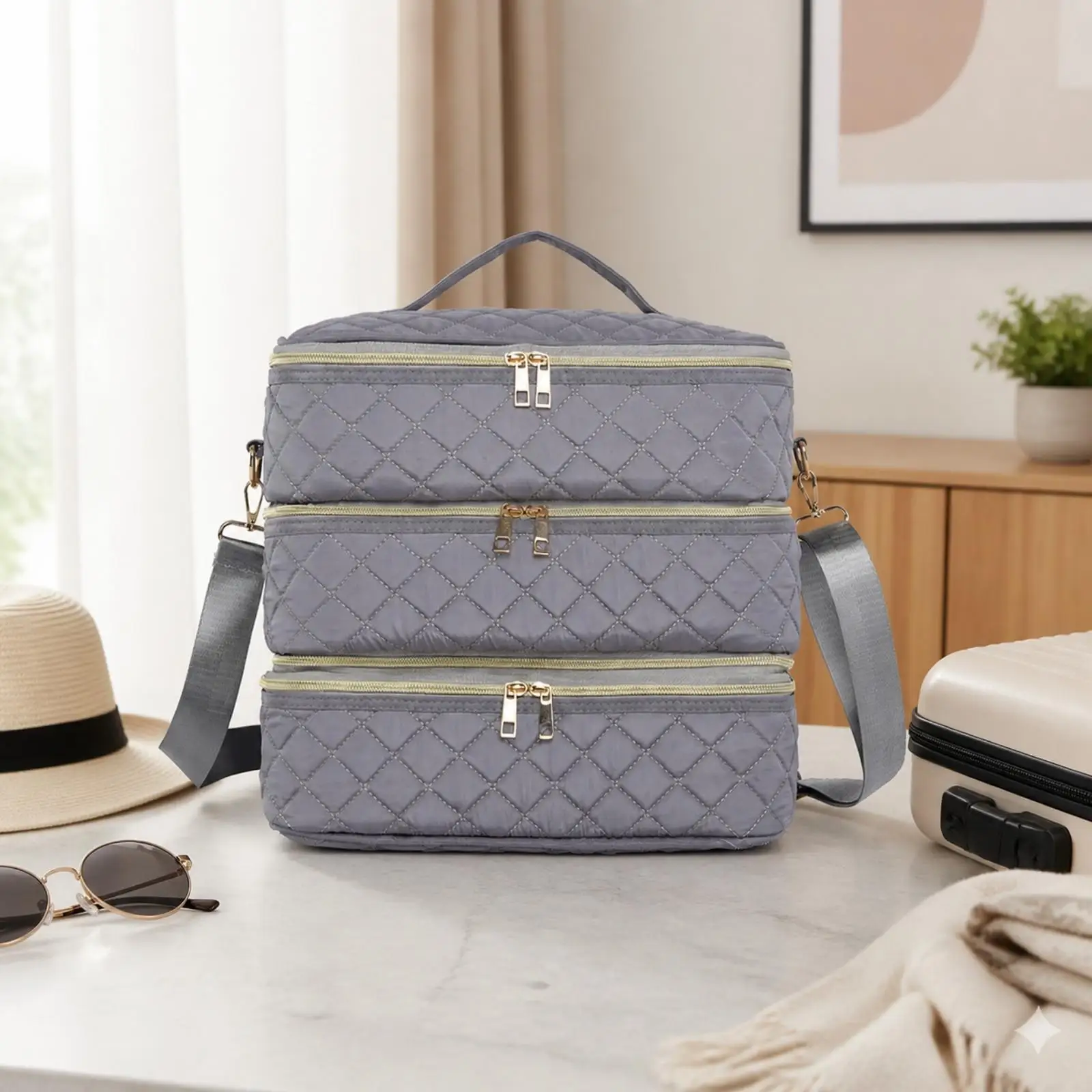 Multi-Compartment Cosmetic Bag Soft-Sided Quilted Storage Bag with Shoulder Strap Portable Makeup Organizer Multifunctional