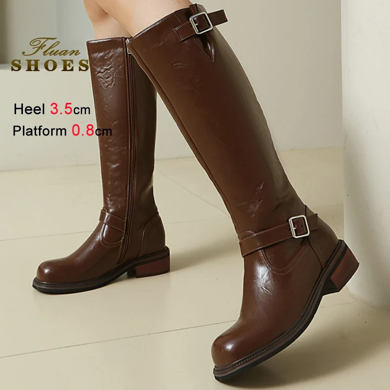 

2025 Fashion Autumn Winter Women's Knee High Boots Round Head Belt Buckle Knight Boots Side Zipper Ladies Long Boots Size 35-46